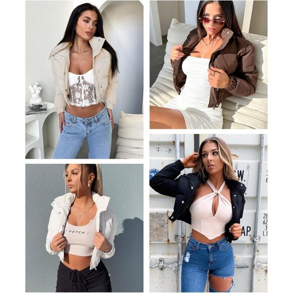 Women’s Cropped Jacket Puffer Jackets Long Sleeve Stand Collar Zipper Coat Black - Picture 5 of 5
